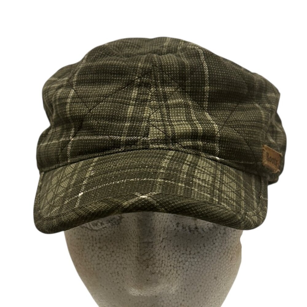 Roots Green Plaid Cotton Cap Size M Flat Top Quilted Lined Classic Hat Khaki - Picture 7 of 10